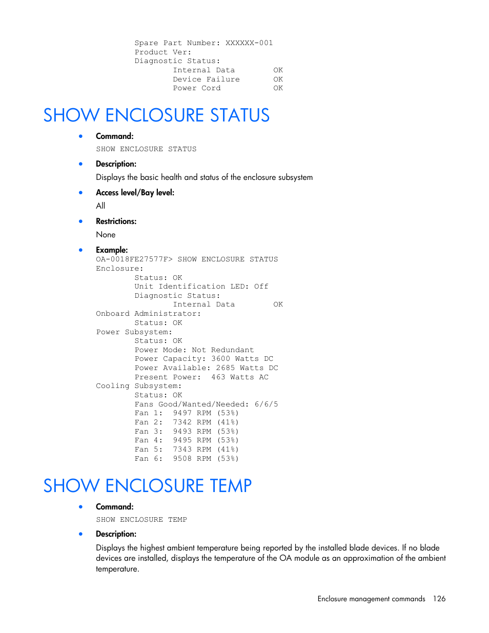 Show enclosure status, Show enclosure temp | HP Onboard Administrator User Manual | Page 126 / 226