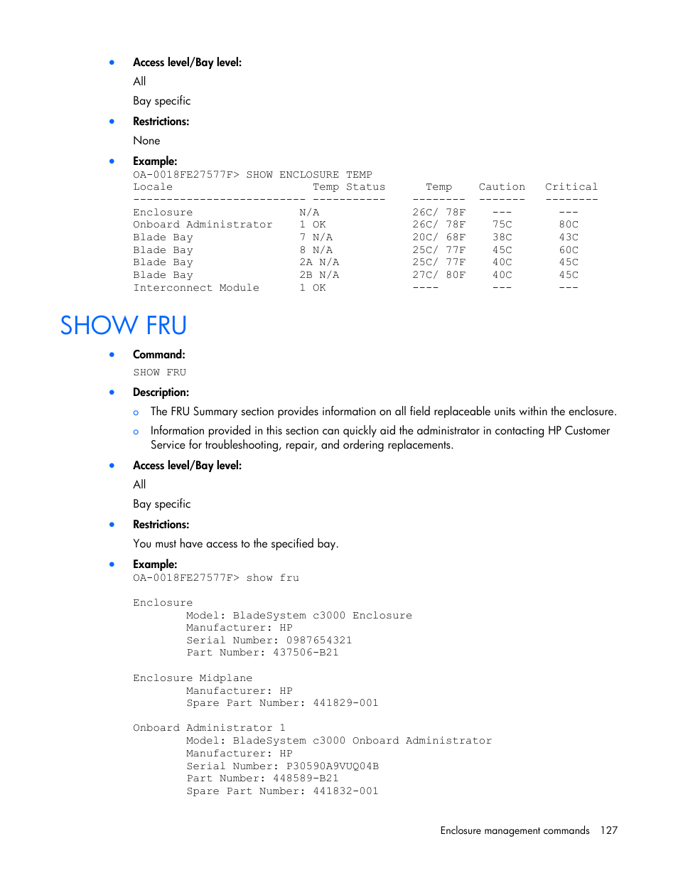 Show fru | HP Onboard Administrator User Manual | Page 127 / 226