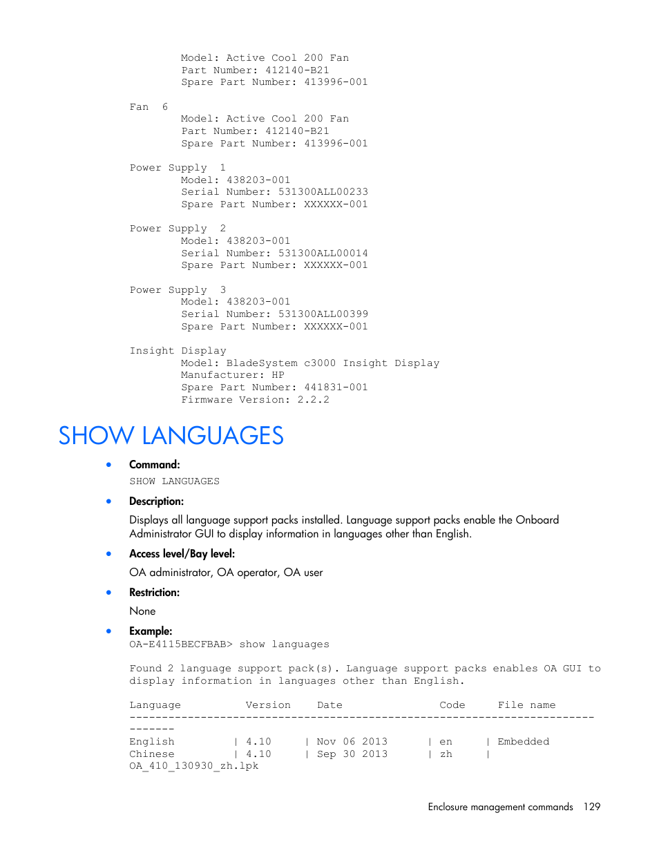 Show languages | HP Onboard Administrator User Manual | Page 129 / 226