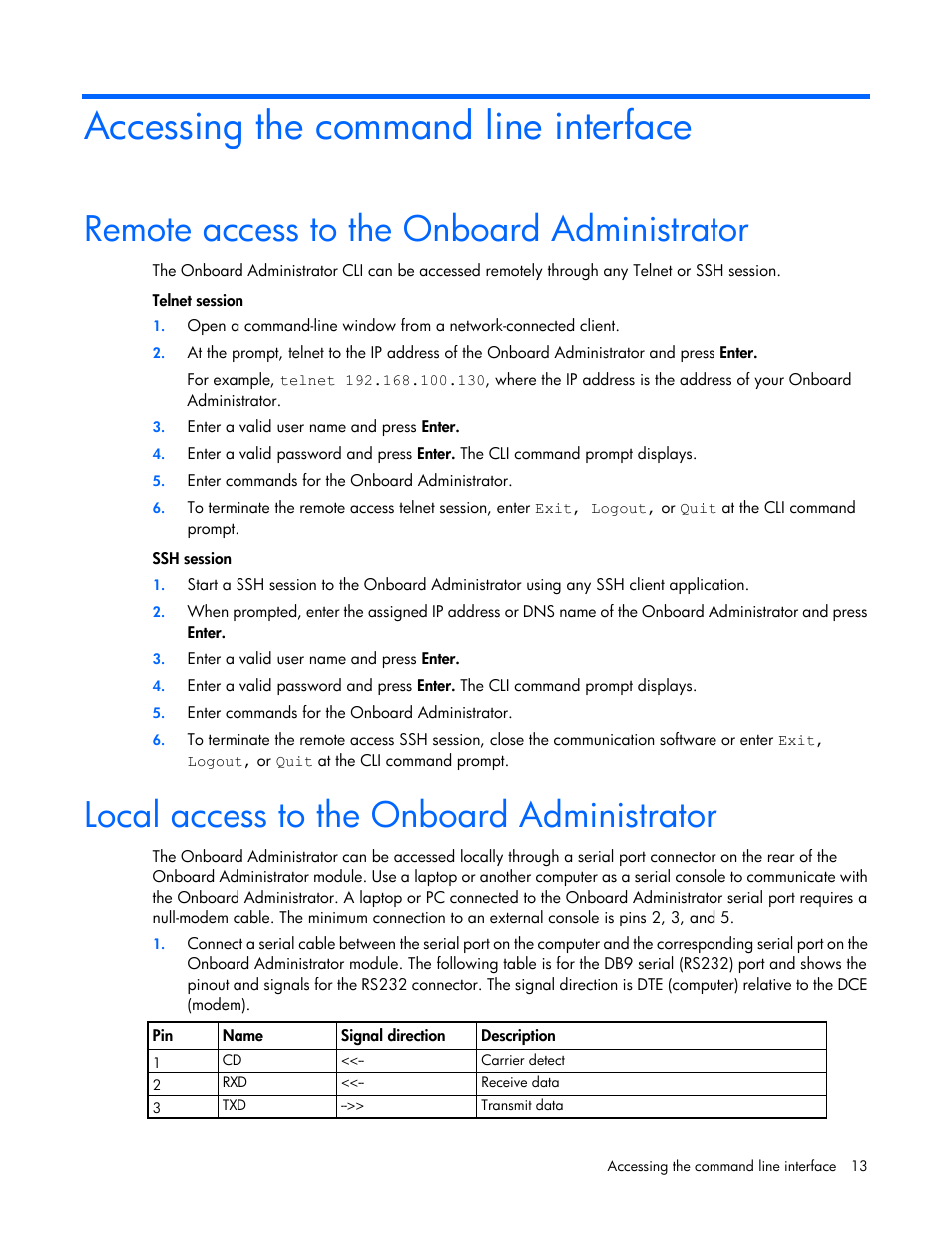 Accessing the command line interface, Remote access to the onboard administrator, Local access to the onboard administrator | HP Onboard Administrator User Manual | Page 13 / 226
