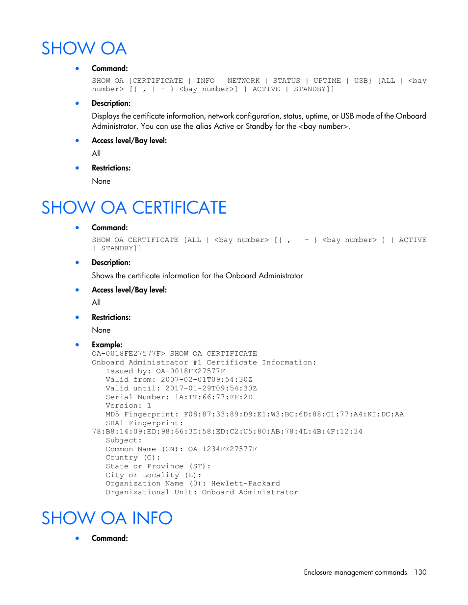 Show oa, Show oa certificate, Show oa info | HP Onboard Administrator User Manual | Page 130 / 226