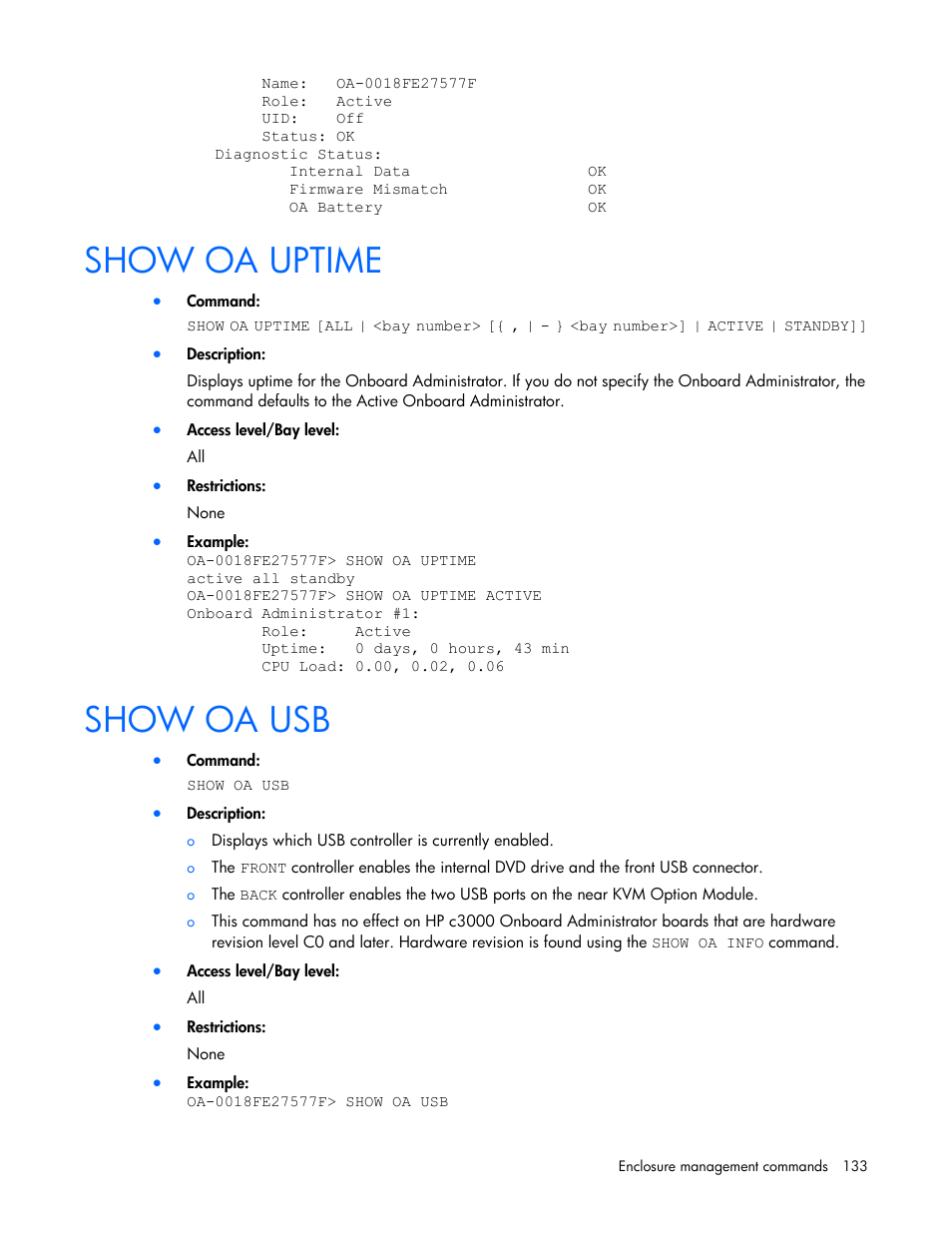 Show oa uptime, Show oa usb | HP Onboard Administrator User Manual | Page 133 / 226