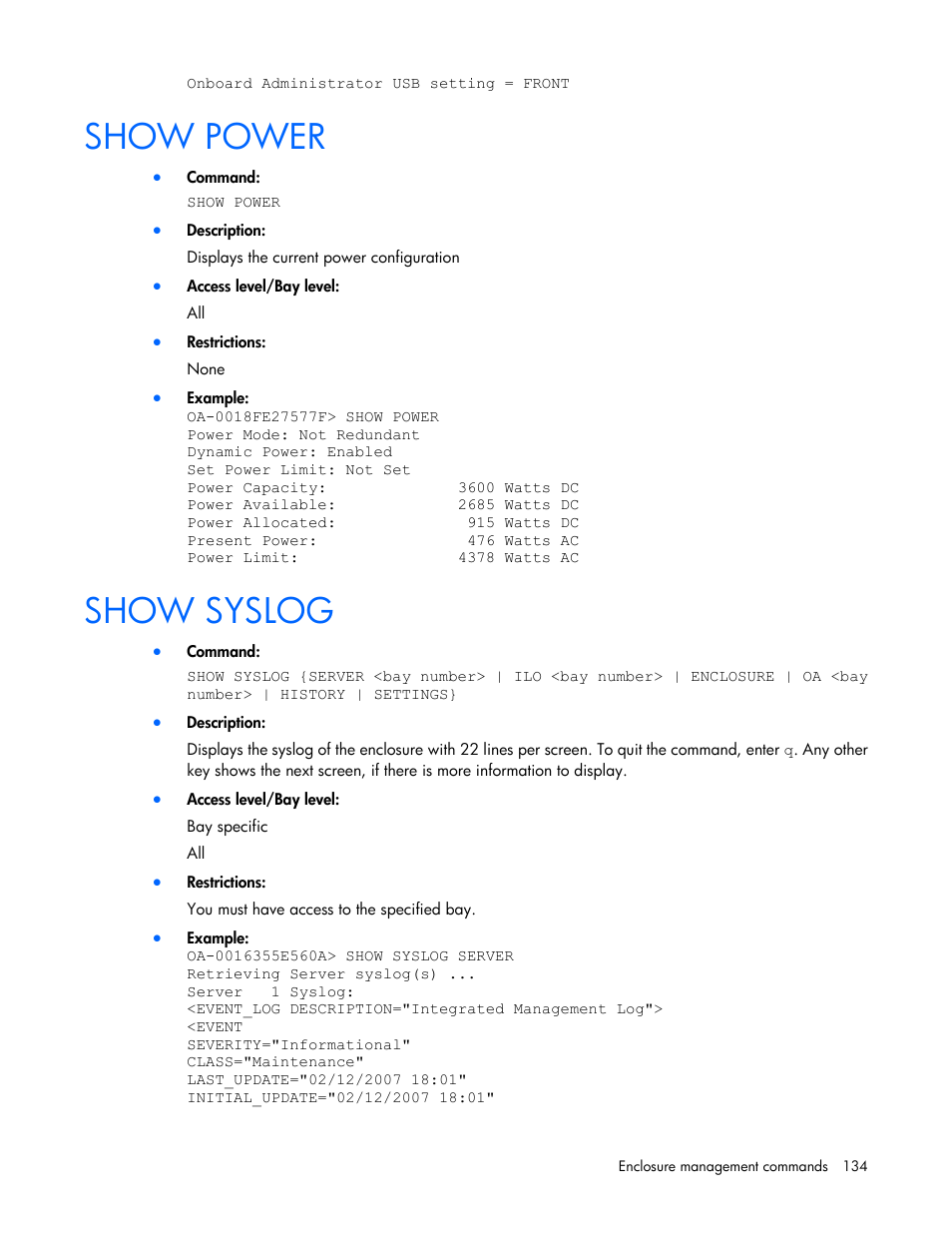 Show power, Show syslog | HP Onboard Administrator User Manual | Page 134 / 226