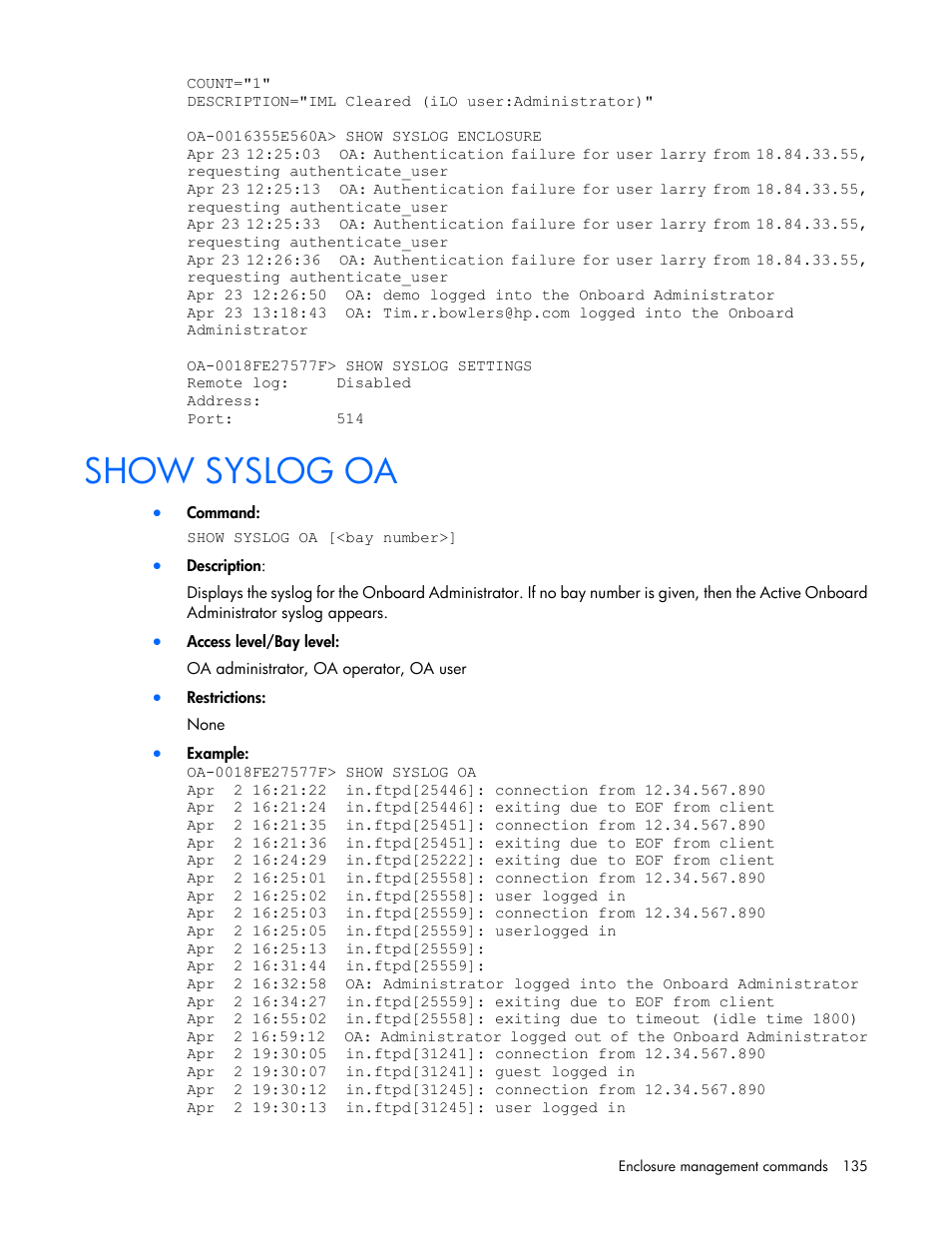 Show syslog oa | HP Onboard Administrator User Manual | Page 135 / 226
