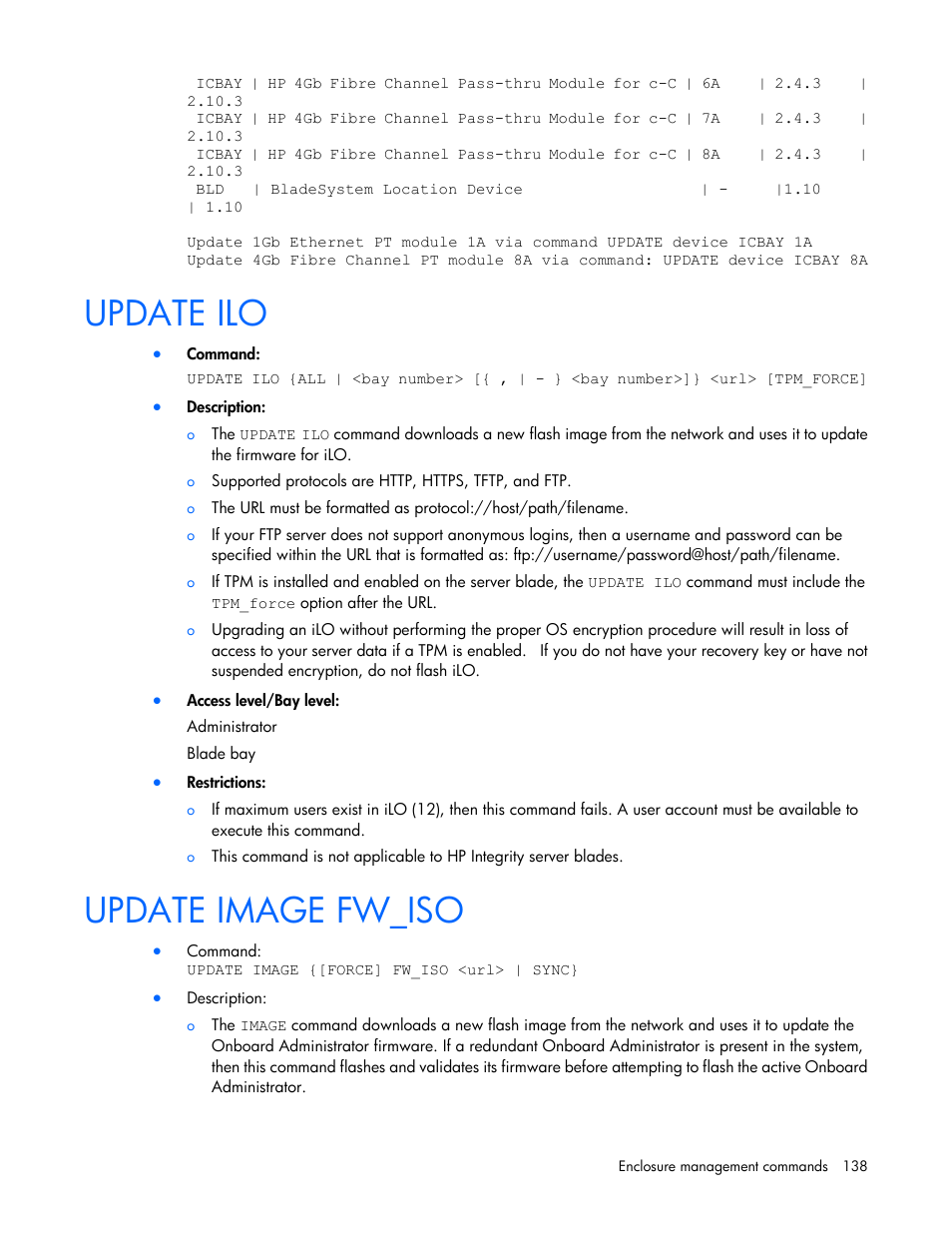 Update ilo, Update image fw_iso | HP Onboard Administrator User Manual | Page 138 / 226