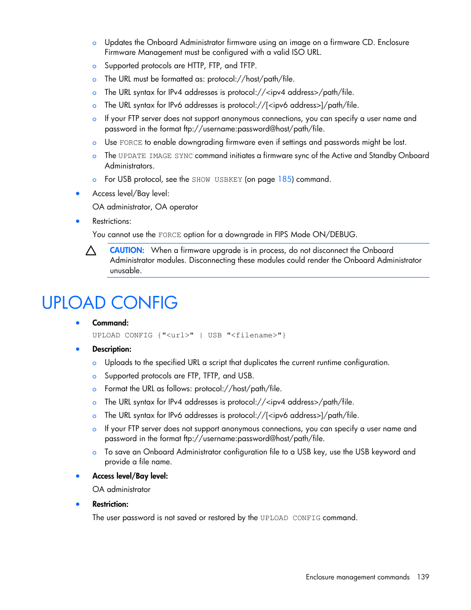 Upload config | HP Onboard Administrator User Manual | Page 139 / 226