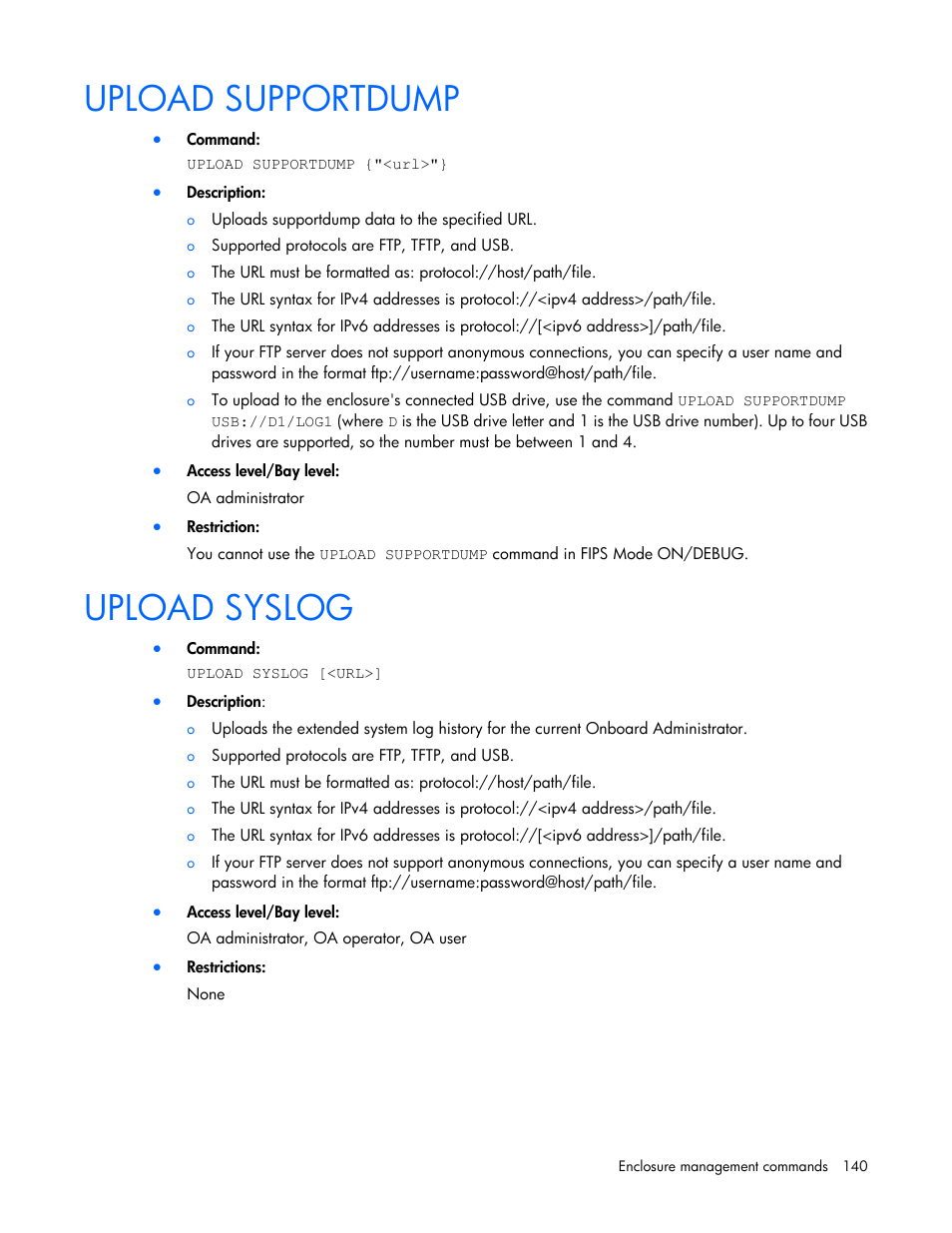 Upload supportdump, Upload syslog | HP Onboard Administrator User Manual | Page 140 / 226