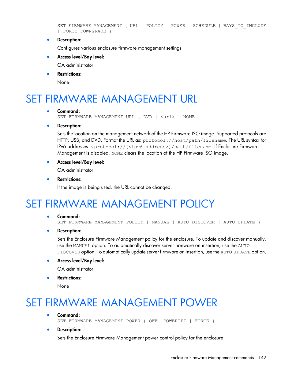 Set firmware management url, Set firmware management policy, Set firmware management power | HP Onboard Administrator User Manual | Page 142 / 226