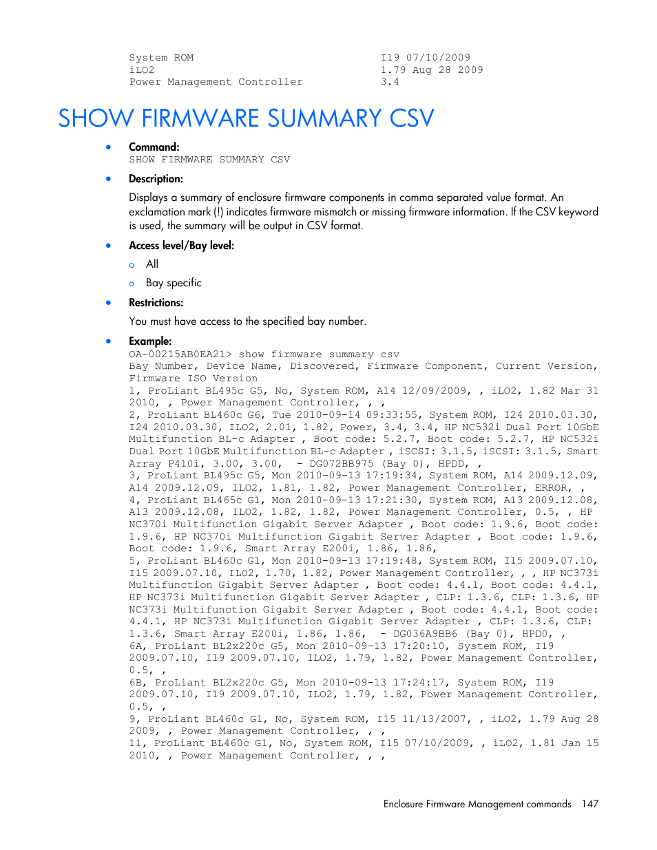 Show firmware summary csv | HP Onboard Administrator User Manual | Page 147 / 226