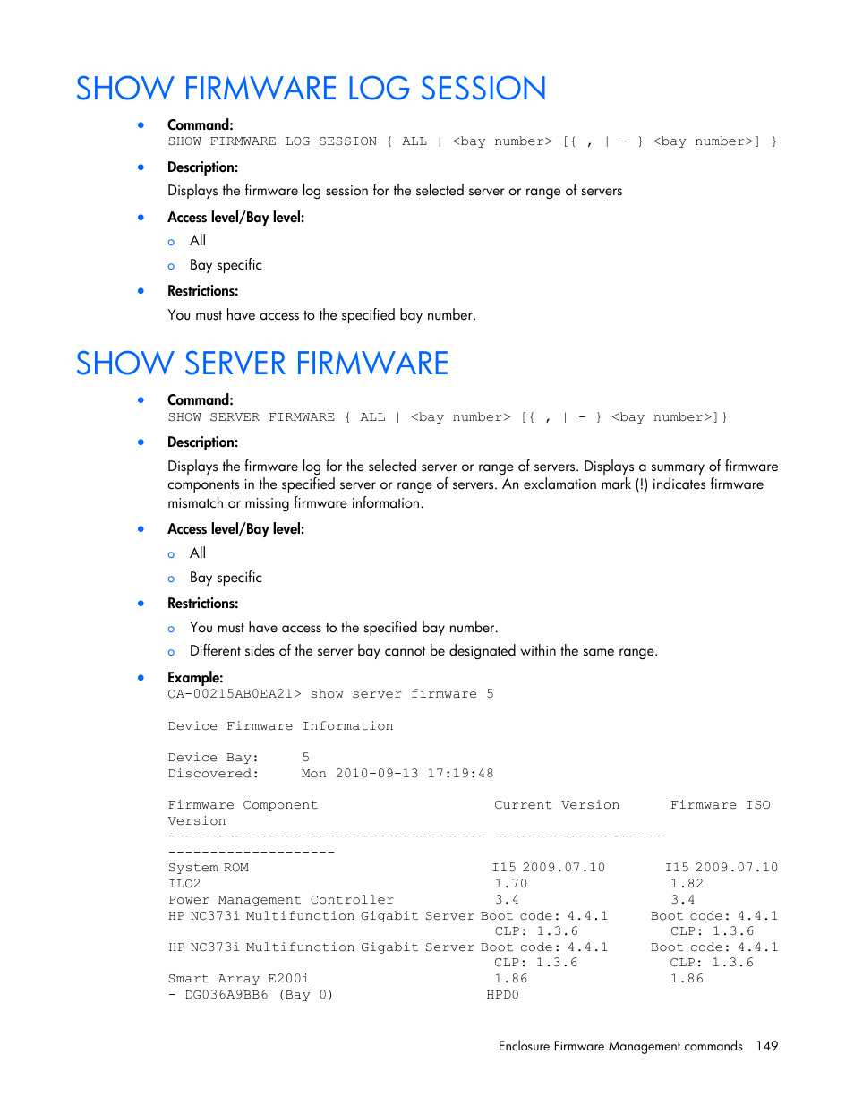Show firmware log session, Show server firmware | HP Onboard Administrator User Manual | Page 149 / 226