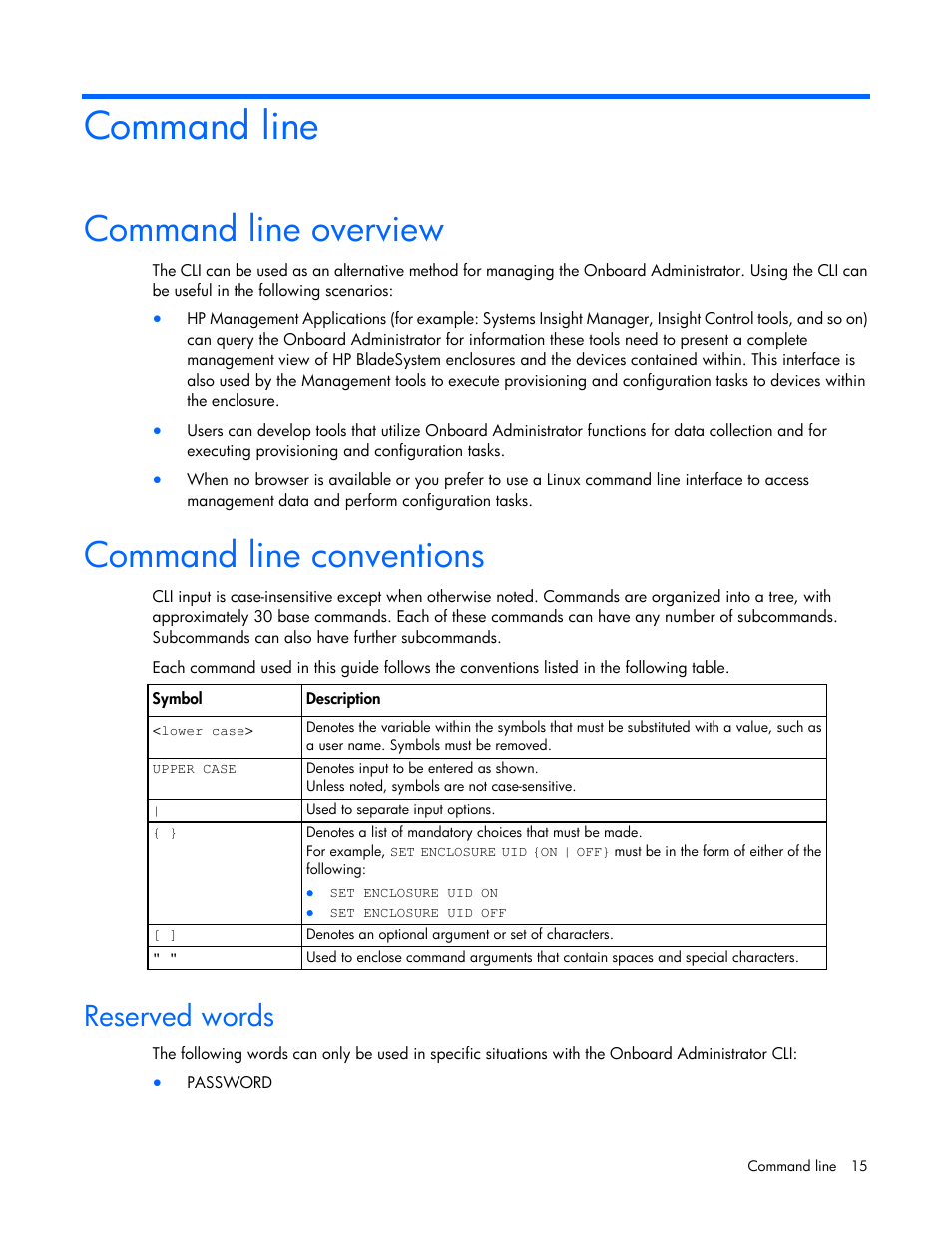 Command line, Command line overview, Command line conventions | Reserved words | HP Onboard Administrator User Manual | Page 15 / 226