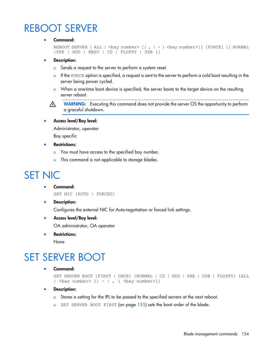 Reboot server, Set nic, Set server boot | HP Onboard Administrator User Manual | Page 154 / 226