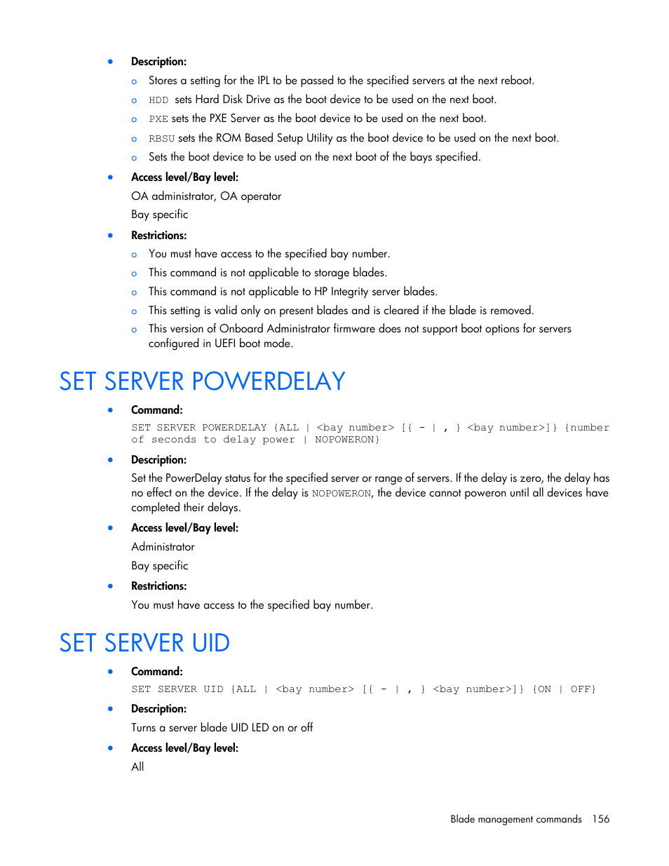Set server powerdelay, Set server uid | HP Onboard Administrator User Manual | Page 156 / 226