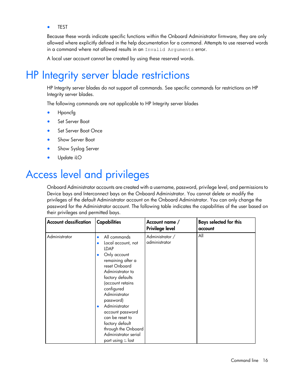 Hp integrity server blade restrictions, Access level and privileges | HP Onboard Administrator User Manual | Page 16 / 226