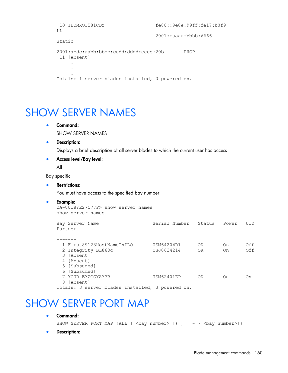 Show server names, Show server port map | HP Onboard Administrator User Manual | Page 160 / 226