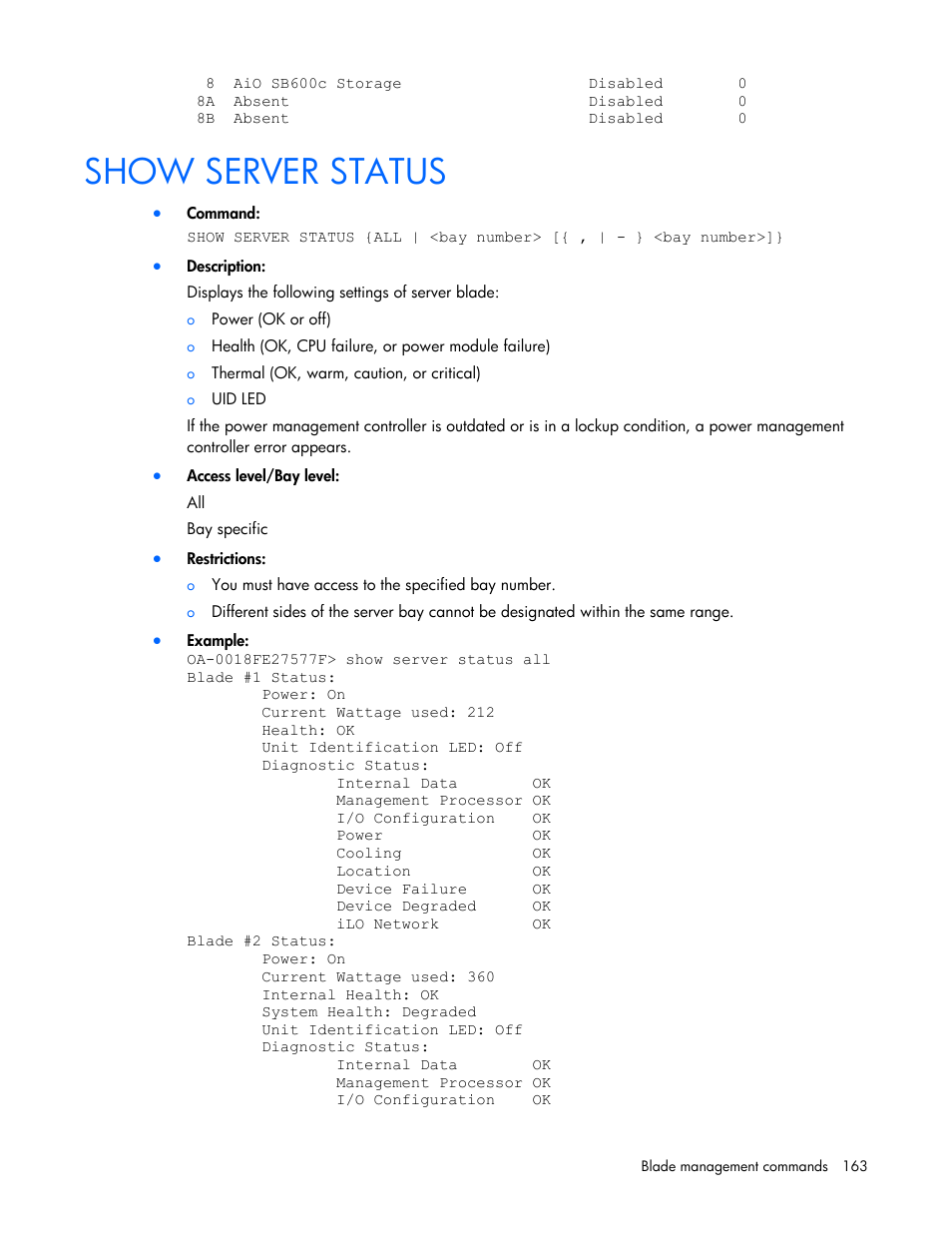Show server status | HP Onboard Administrator User Manual | Page 163 / 226