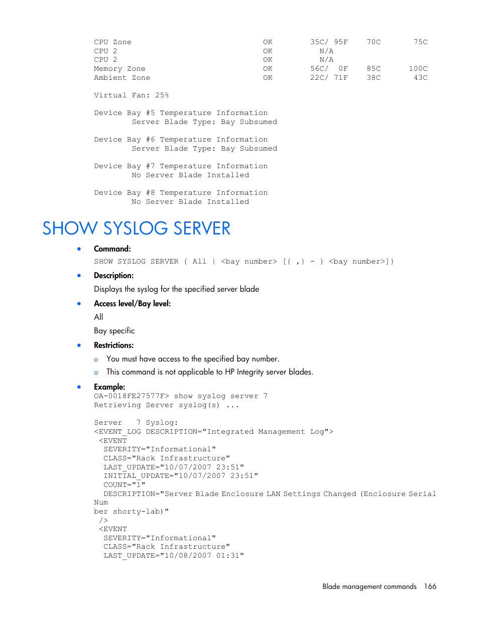 Show syslog server | HP Onboard Administrator User Manual | Page 166 / 226