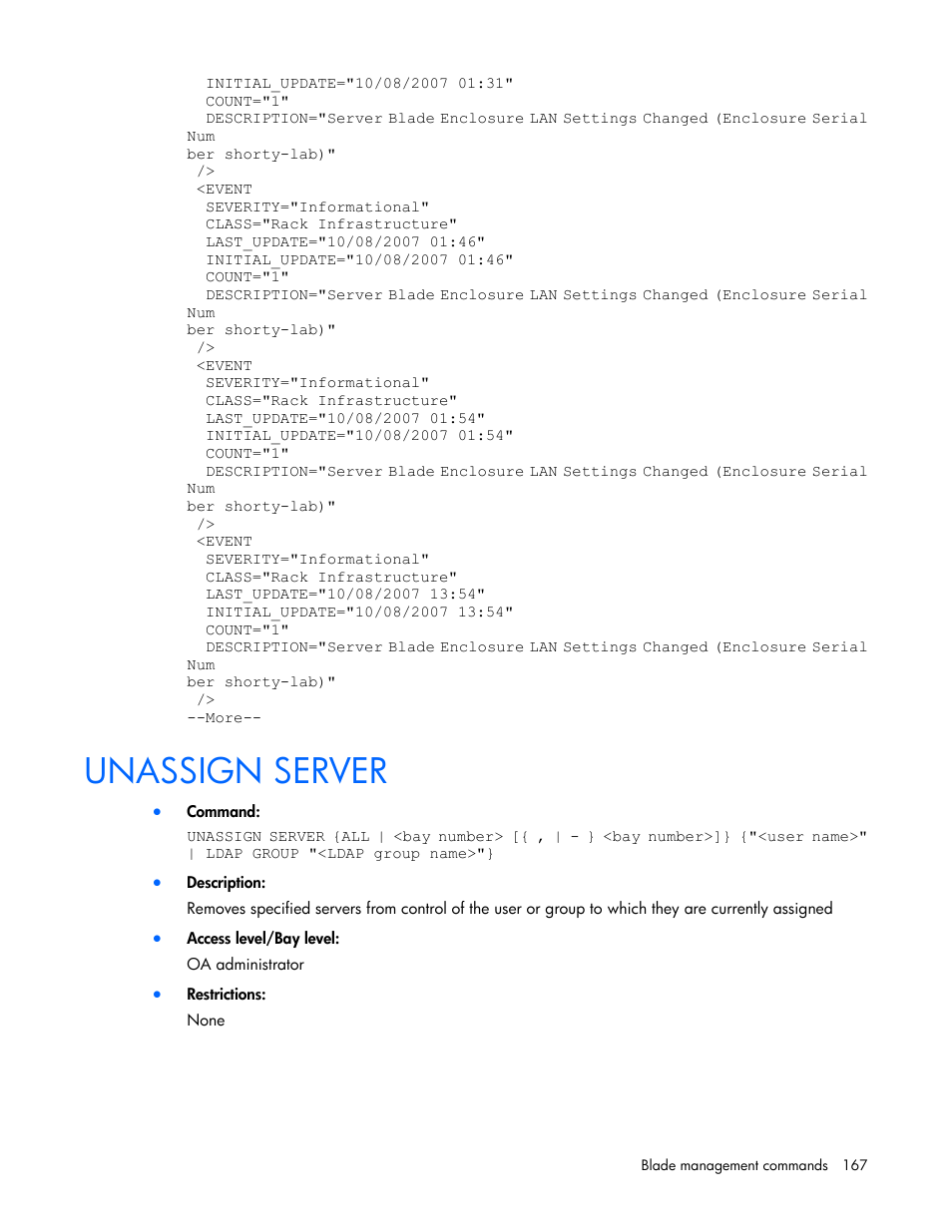 Unassign server | HP Onboard Administrator User Manual | Page 167 / 226