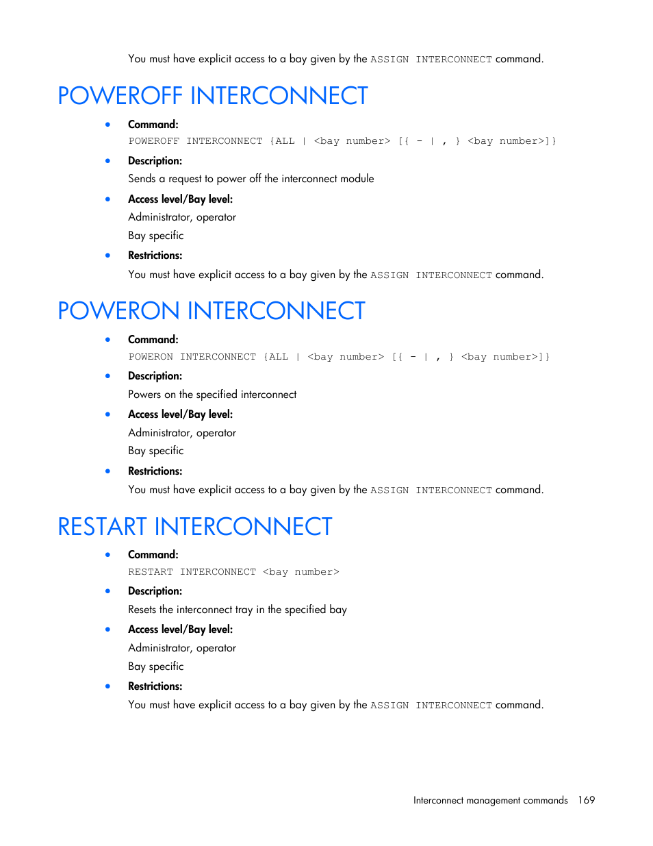 Poweroff interconnect, Poweron interconnect, Restart interconnect | HP Onboard Administrator User Manual | Page 169 / 226