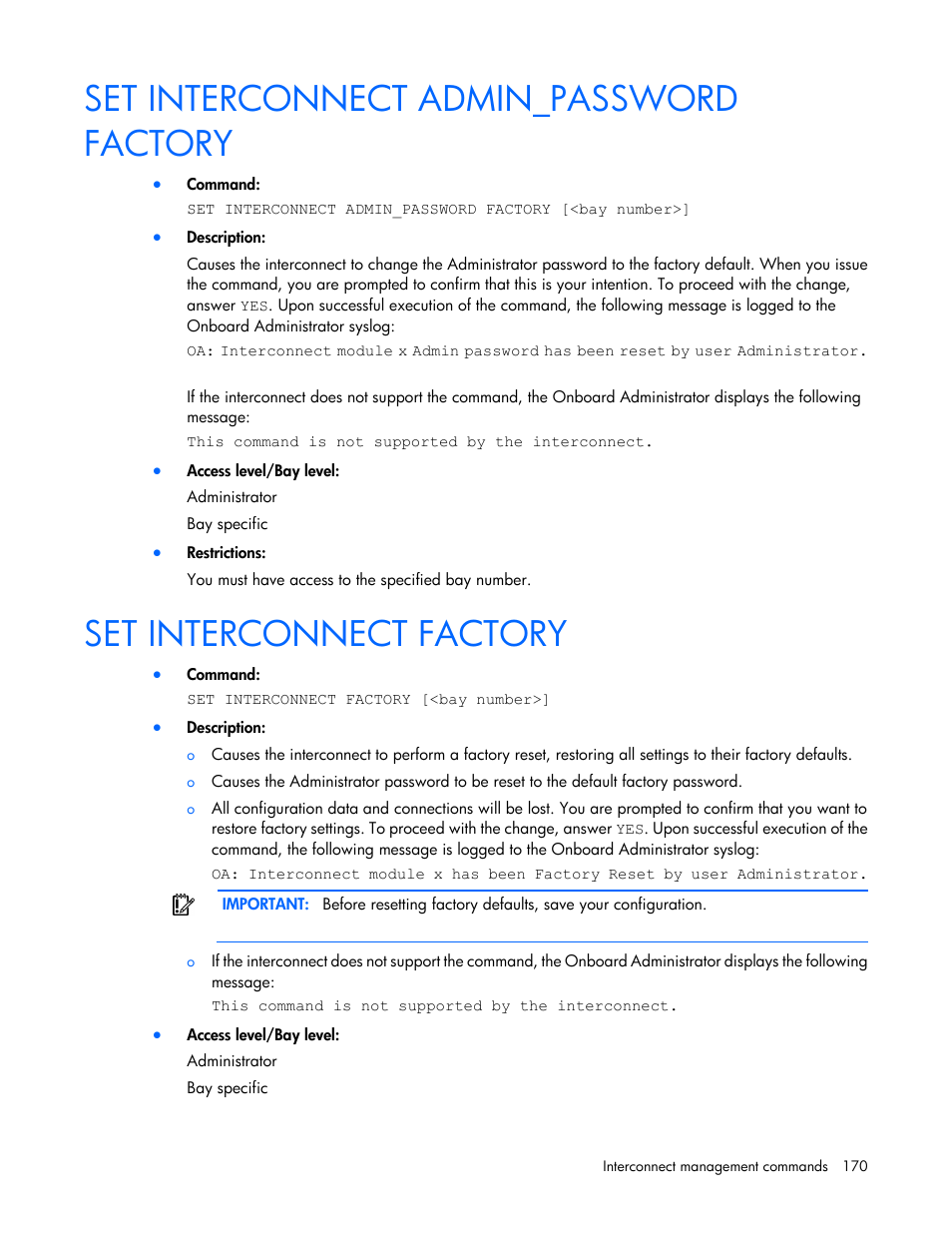 Set interconnect admin_password factory, Set interconnect factory | HP Onboard Administrator User Manual | Page 170 / 226