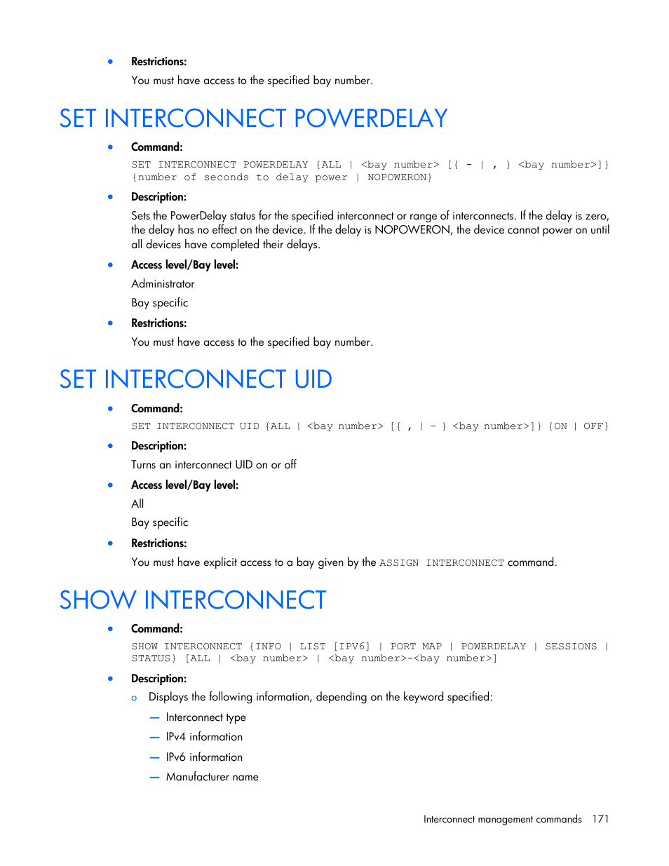 Set interconnect powerdelay, Set interconnect uid, Show interconnect | HP Onboard Administrator User Manual | Page 171 / 226