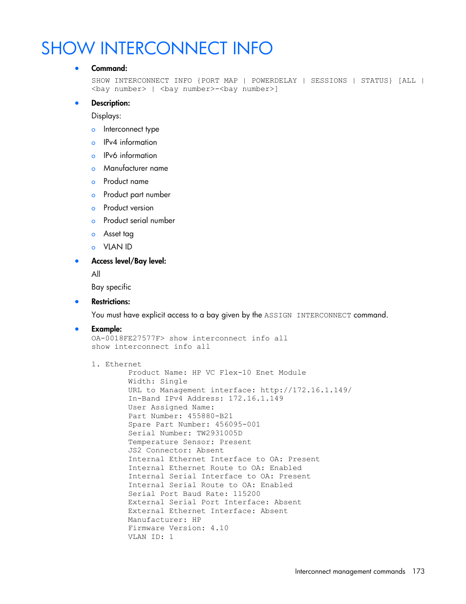 Show interconnect info | HP Onboard Administrator User Manual | Page 173 / 226