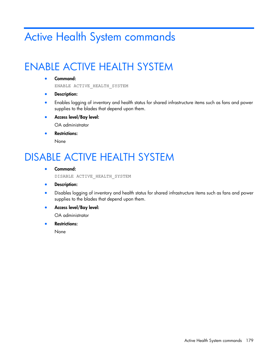 Active health system commands, Enable active health system, Disable active health system | HP Onboard Administrator User Manual | Page 179 / 226