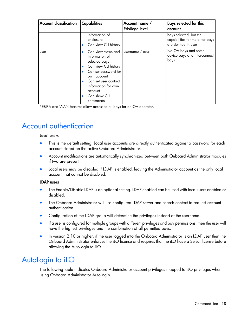 Account authentication, Autologin to ilo | HP Onboard Administrator User Manual | Page 18 / 226