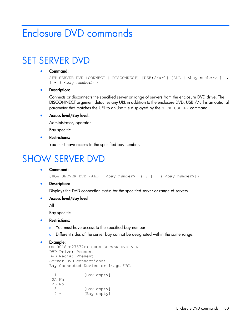 Enclosure dvd commands, Set server dvd, Show server dvd | HP Onboard Administrator User Manual | Page 180 / 226