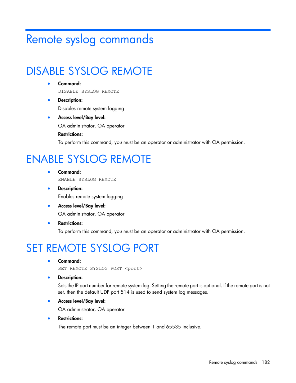Remote syslog commands, Disable syslog remote, Enable syslog remote | Set remote syslog port | HP Onboard Administrator User Manual | Page 182 / 226