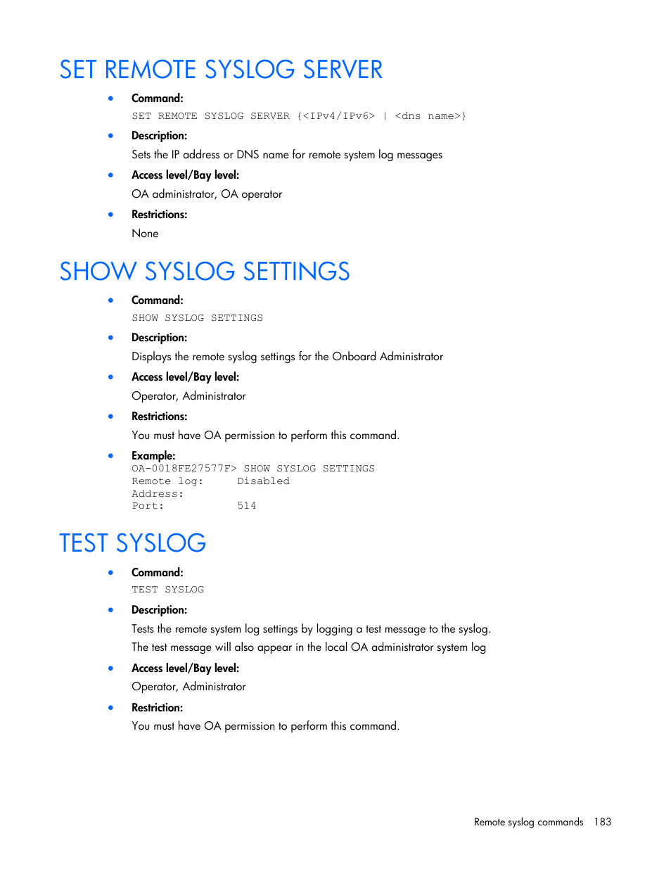 Set remote syslog server, Show syslog settings, Test syslog | HP Onboard Administrator User Manual | Page 183 / 226