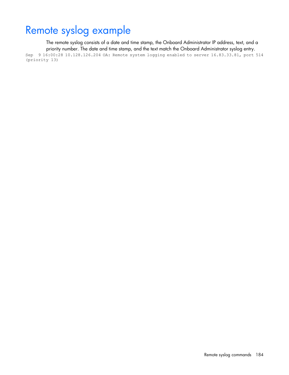 Remote syslog example | HP Onboard Administrator User Manual | Page 184 / 226