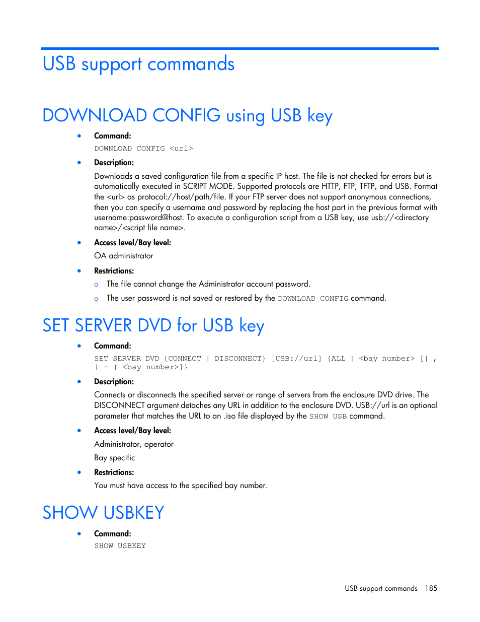Usb support commands, Download config using usb key, Set server dvd for usb key | Show usbkey | HP Onboard Administrator User Manual | Page 185 / 226