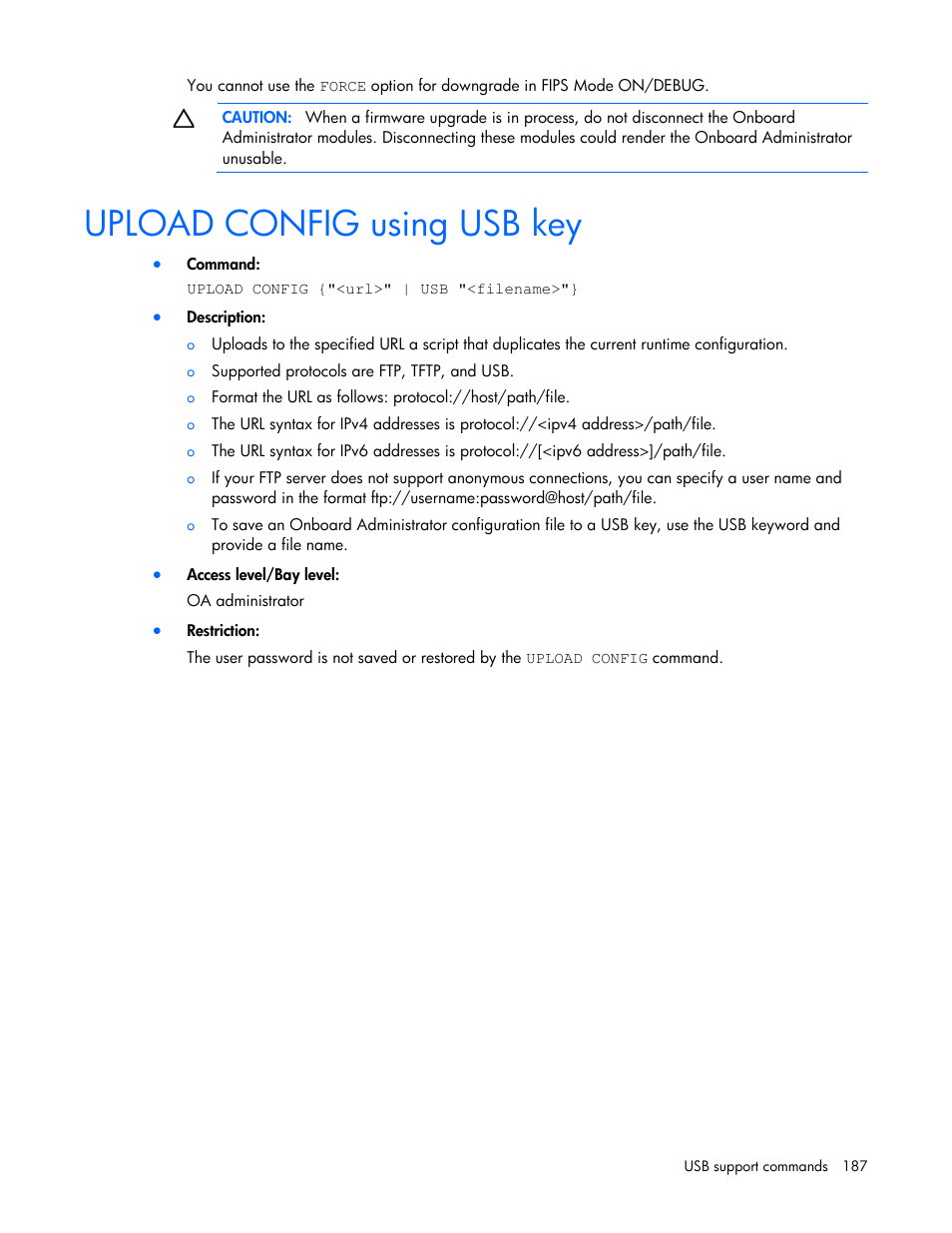 Upload config using usb key | HP Onboard Administrator User Manual | Page 187 / 226