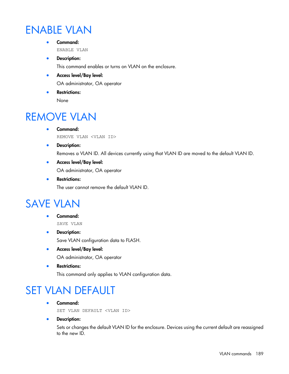 Enable vlan, Remove vlan, Save vlan | Set vlan default | HP Onboard Administrator User Manual | Page 189 / 226