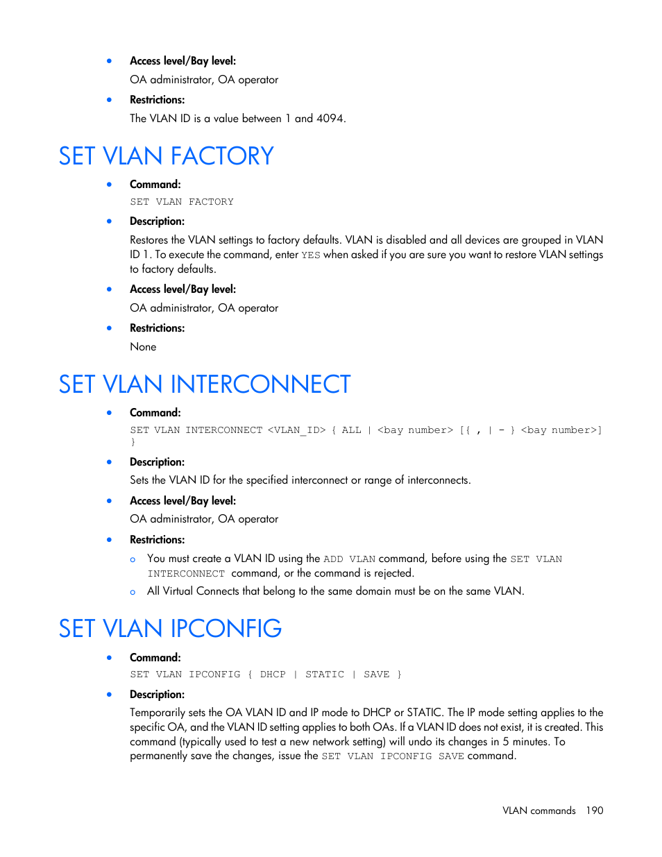 Set vlan factory, Set vlan interconnect, Set vlan ipconfig | HP Onboard Administrator User Manual | Page 190 / 226