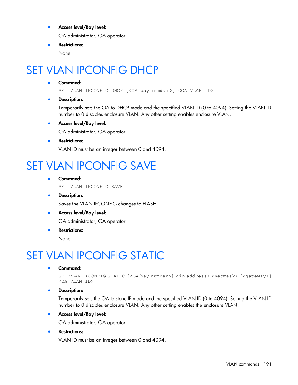 Set vlan ipconfig dhcp, Set vlan ipconfig save, Set vlan ipconfig static | HP Onboard Administrator User Manual | Page 191 / 226