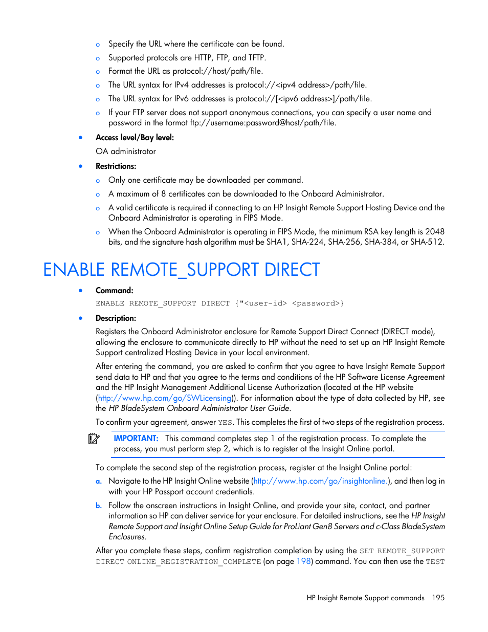 Enable remote_support direct | HP Onboard Administrator User Manual | Page 195 / 226