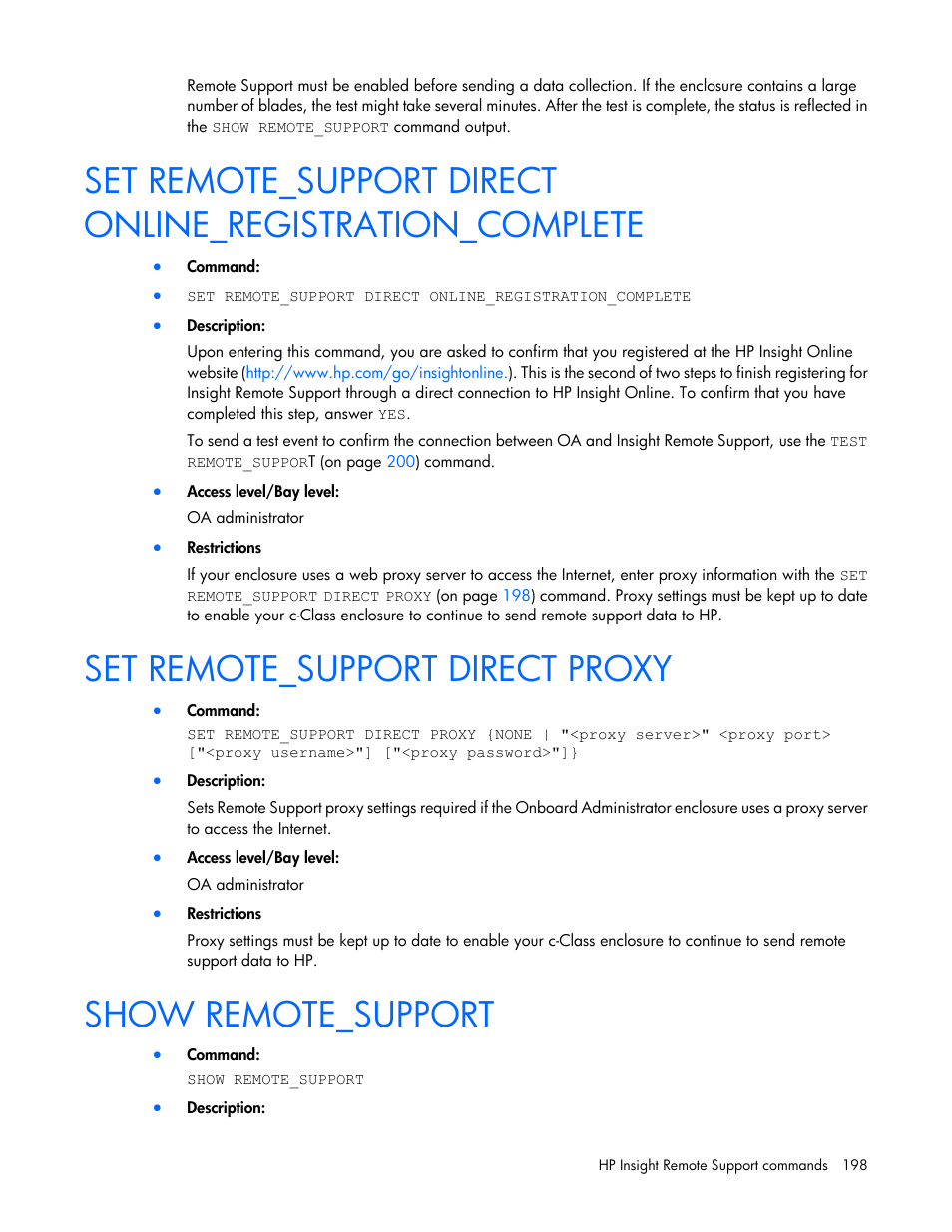 Set remote_support direct proxy, Show remote_support | HP Onboard Administrator User Manual | Page 198 / 226