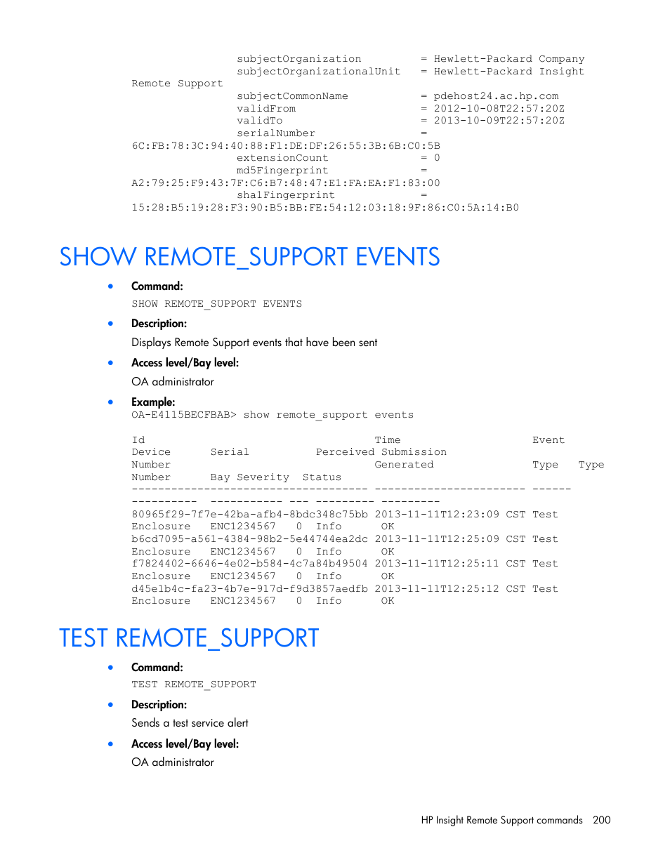 Show remote_support events, Test remote_support | HP Onboard Administrator User Manual | Page 200 / 226