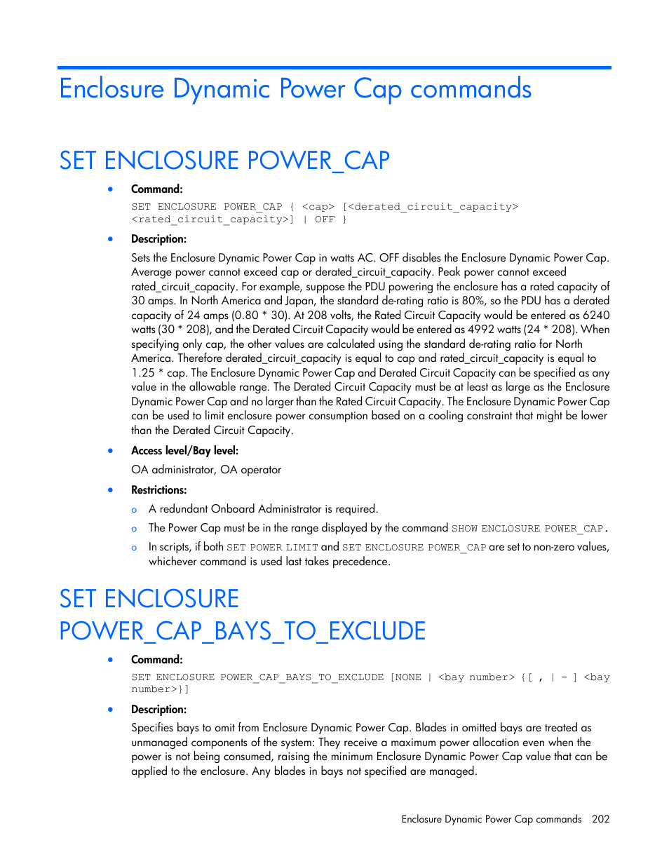 Enclosure dynamic power cap commands, Set enclosure power_cap, Set enclosure power_cap_bays_to_exclude | HP Onboard Administrator User Manual | Page 202 / 226