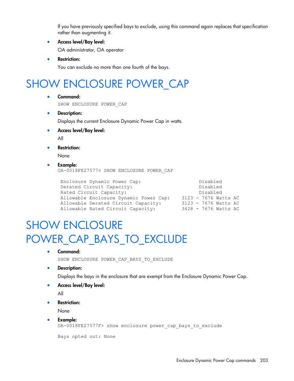 Show enclosure power_cap, Show enclosure power_cap_bays_to_exclude | HP Onboard Administrator User Manual | Page 203 / 226