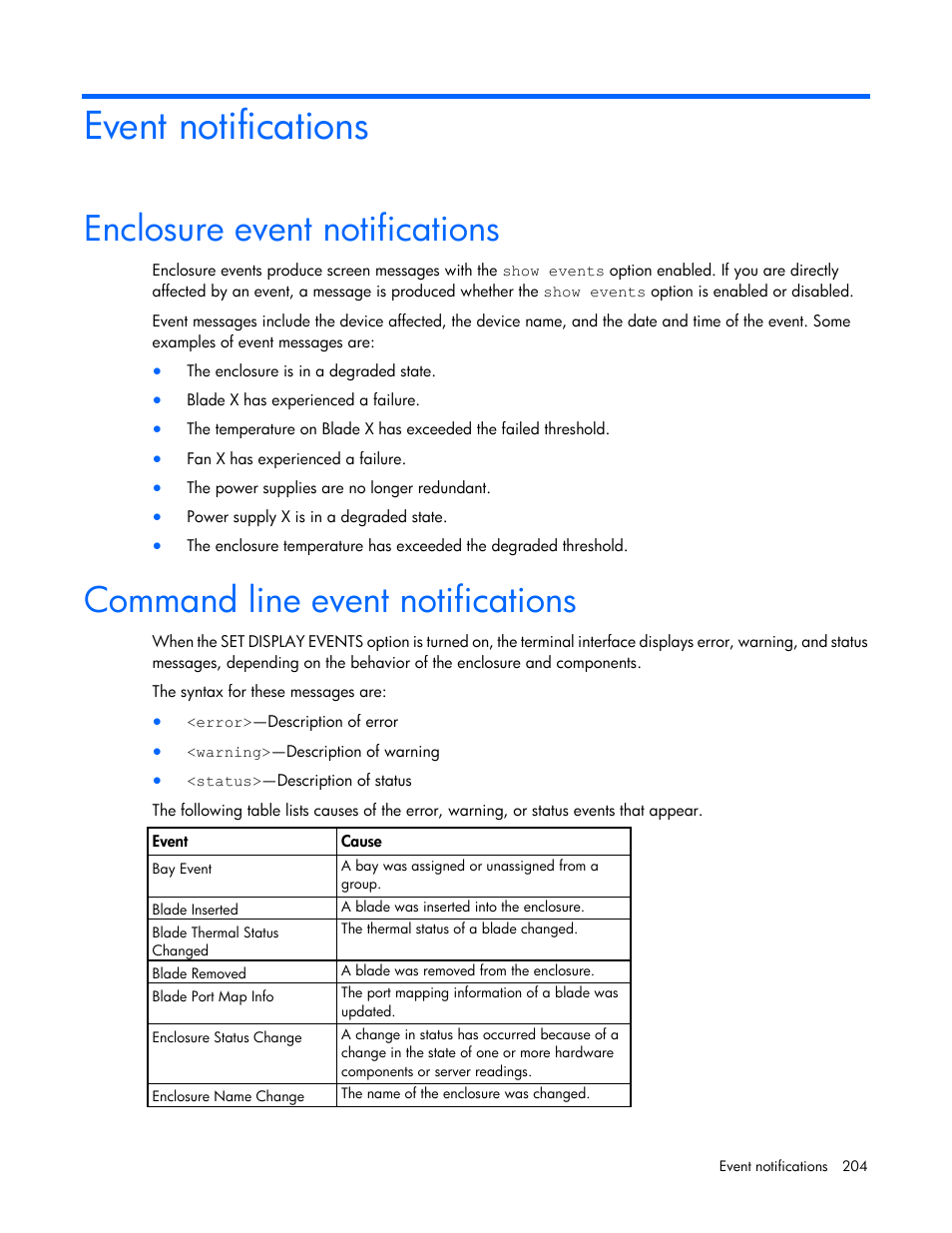 Event notifications, Enclosure event notifications, Command line event notifications | HP Onboard Administrator User Manual | Page 204 / 226