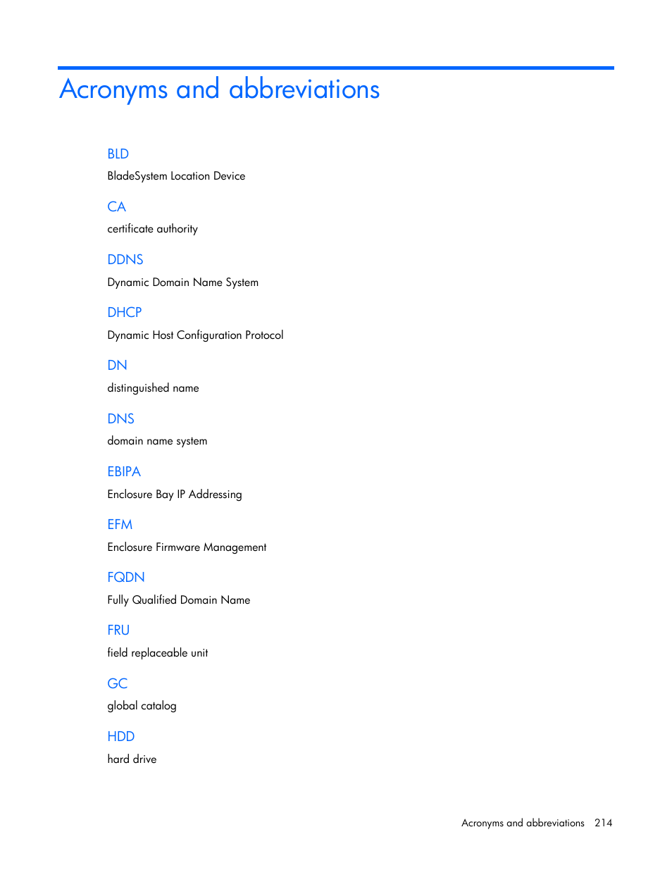 Acronyms and abbreviations | HP Onboard Administrator User Manual | Page 214 / 226