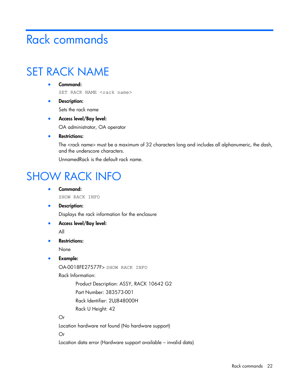 Rack commands, Set rack name, Show rack info | HP Onboard Administrator User Manual | Page 22 / 226