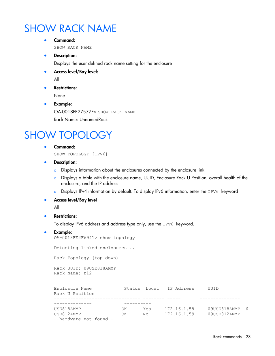 Show rack name, Show topology | HP Onboard Administrator User Manual | Page 23 / 226