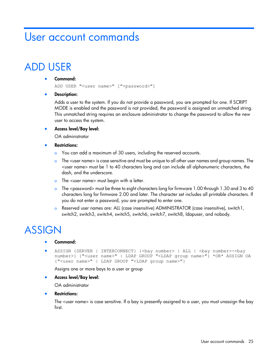 User account commands, Add user, Assign | HP Onboard Administrator User Manual | Page 25 / 226
