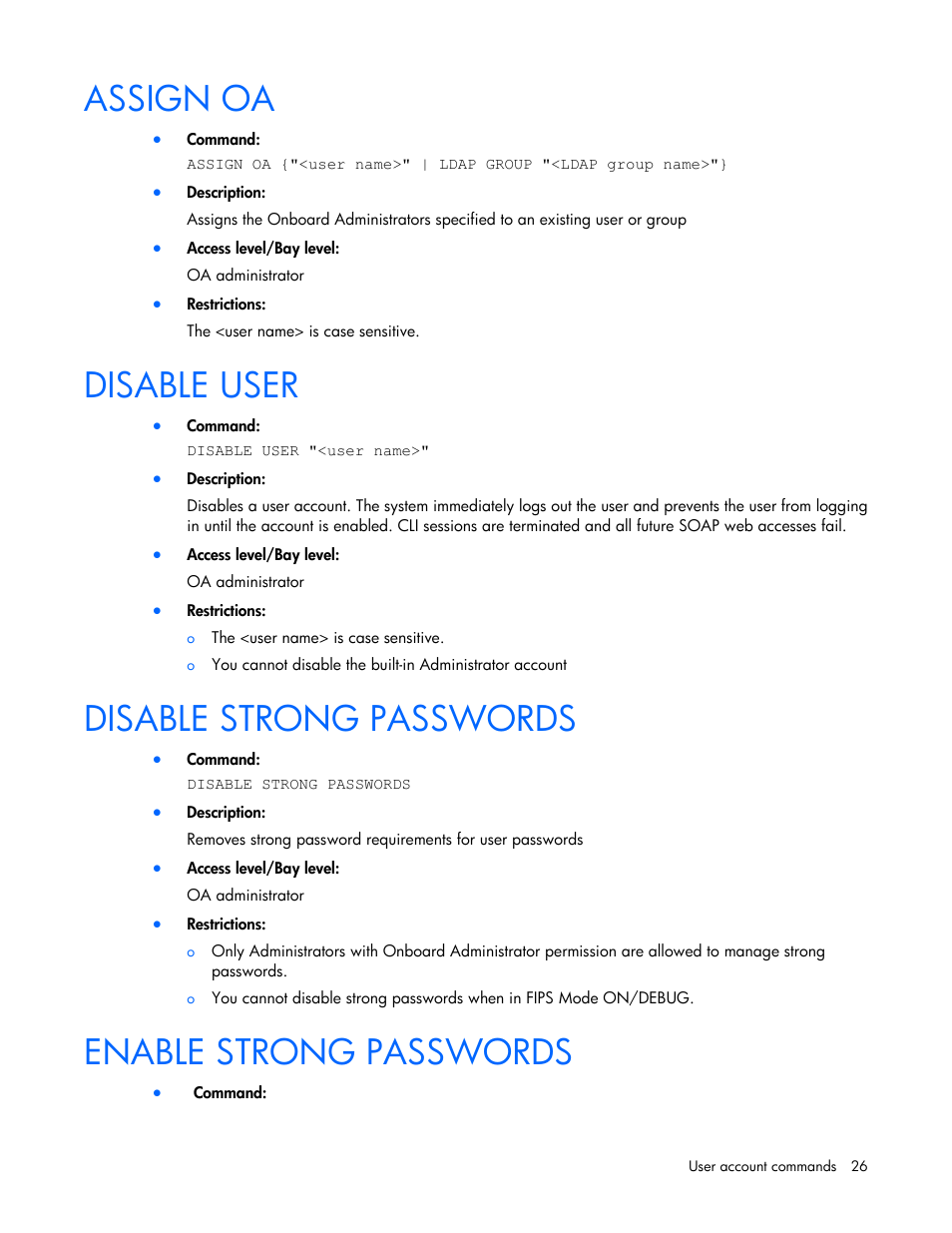 Assign oa, Disable user, Disable strong passwords | Enable strong passwords | HP Onboard Administrator User Manual | Page 26 / 226