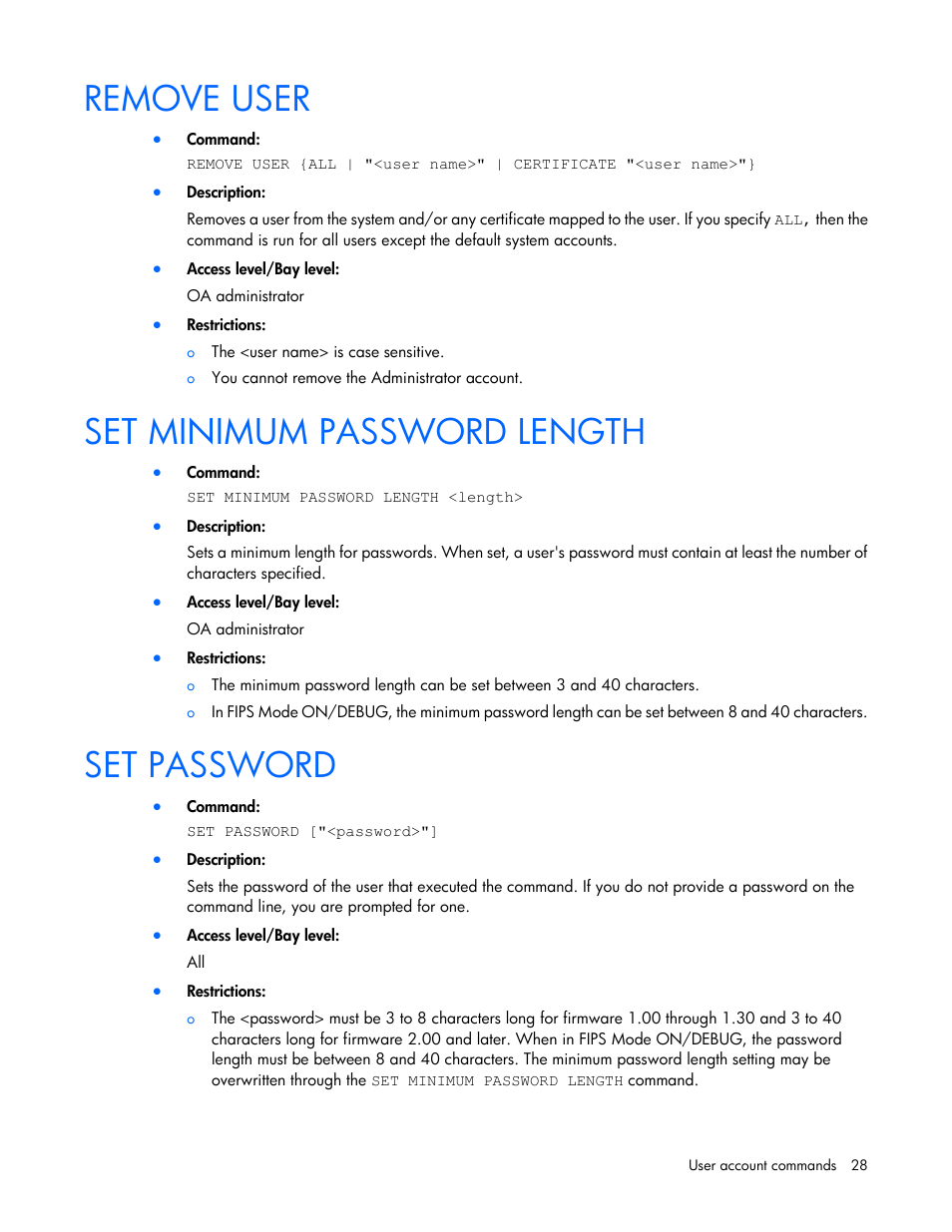 Remove user, Set minimum password length, Set password | HP Onboard Administrator User Manual | Page 28 / 226