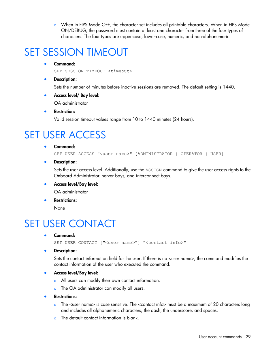 Set session timeout, Set user access, Set user contact | HP Onboard Administrator User Manual | Page 29 / 226